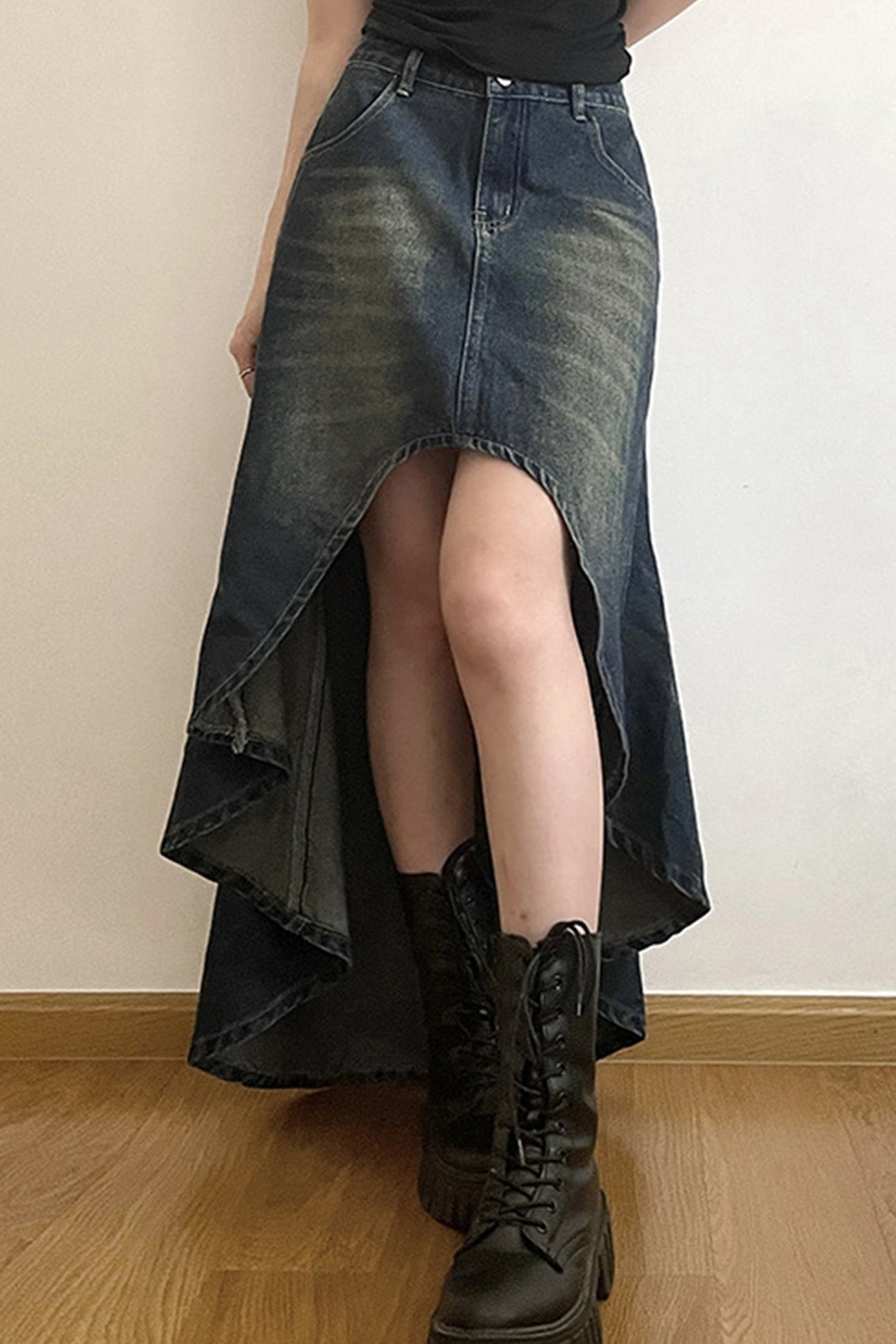 Wash High Rise Distressed Irregular Denim Skirt