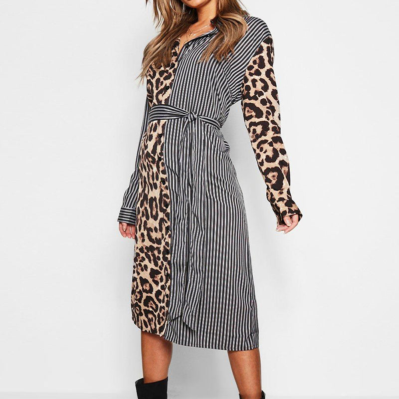 Ethel Long Sleeve Patchwork Leopard Print Midi Dress