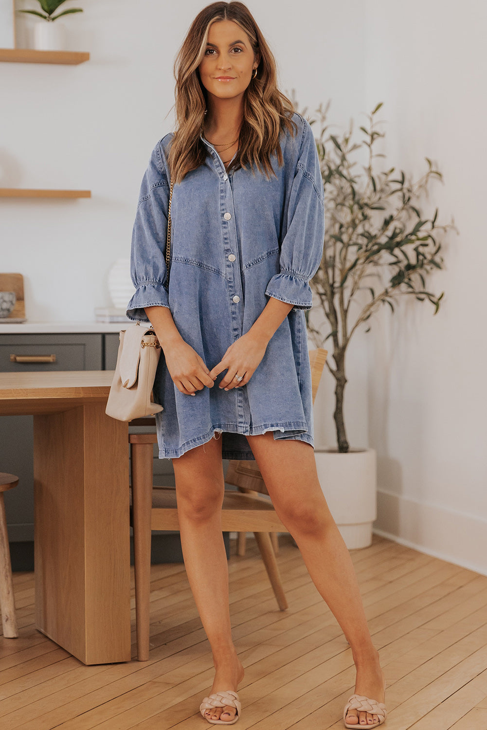 Collared Neck Flounce Sleeve Denim Mini Dress