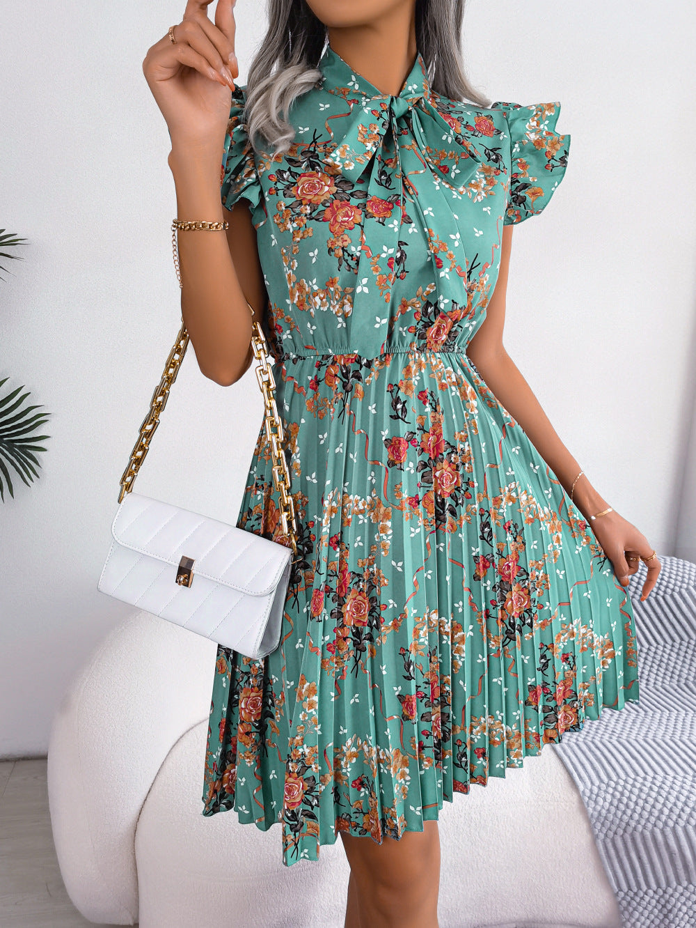 Pleated Floral Printed Tie Neck Knee Length Short Sleeve Dress Teal B.J.S casual dress casual dresses clothes dress dresses Ship From Overseas short dress short dresses short sleeve dress short sleeve dresses