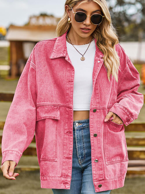 Collared Neck Button Up Denim Jacket Hot Pink clothes Jackets & Coats M.F Ship From Overseas