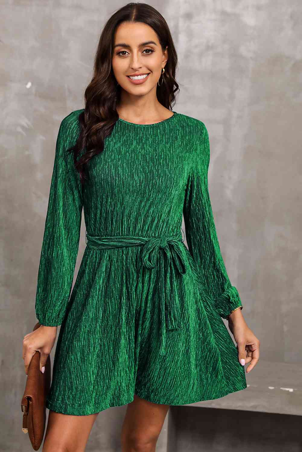 Round Neck Tie Front Long Sleeve Dress Green clothes dress dresses long sleeve dresses Ship From Overseas short dresses SYNZ