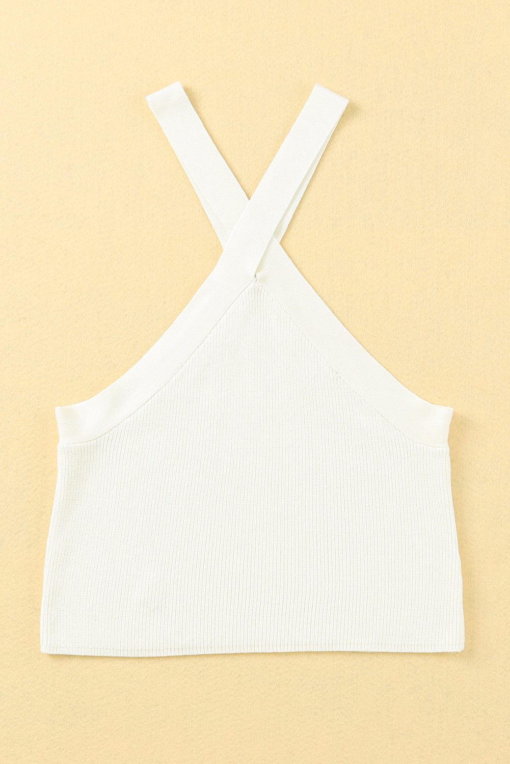 White Ribbed Knit Criss Cross Halter Neck Tank Top