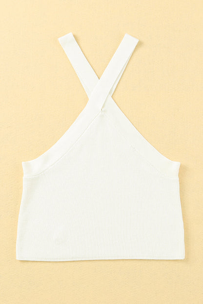 White Ribbed Knit Criss Cross Halter Neck Tank Top