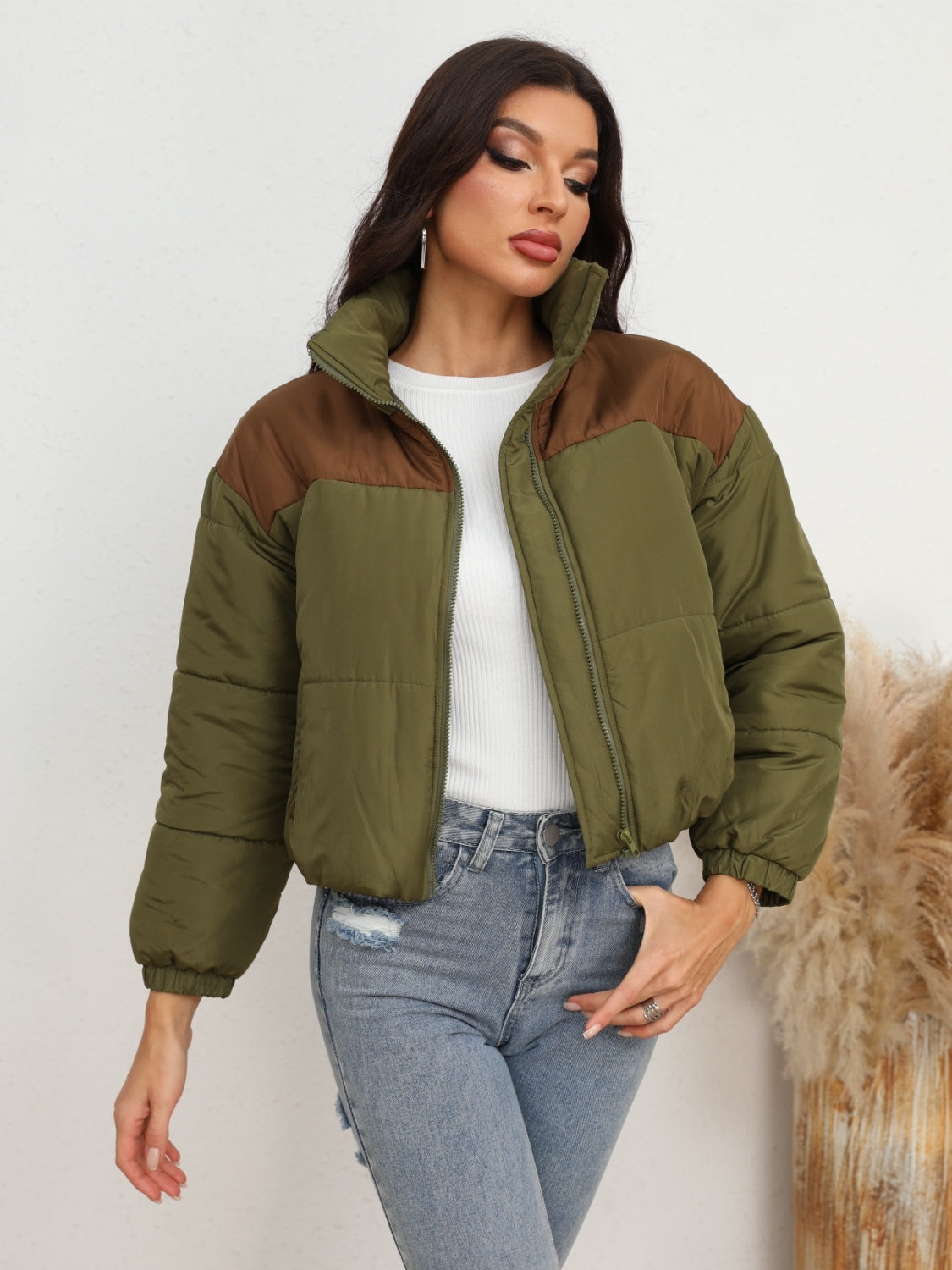 Two-Tone Zip-Up Puffer Jacket Army Green CATHSNNA clothes Jacket Coat Jackets & Coats Ship From Overseas Shipping Delay 09/29/2023 - 10/03/2023