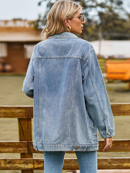 Collared Neck Denim Jacket With Pockets