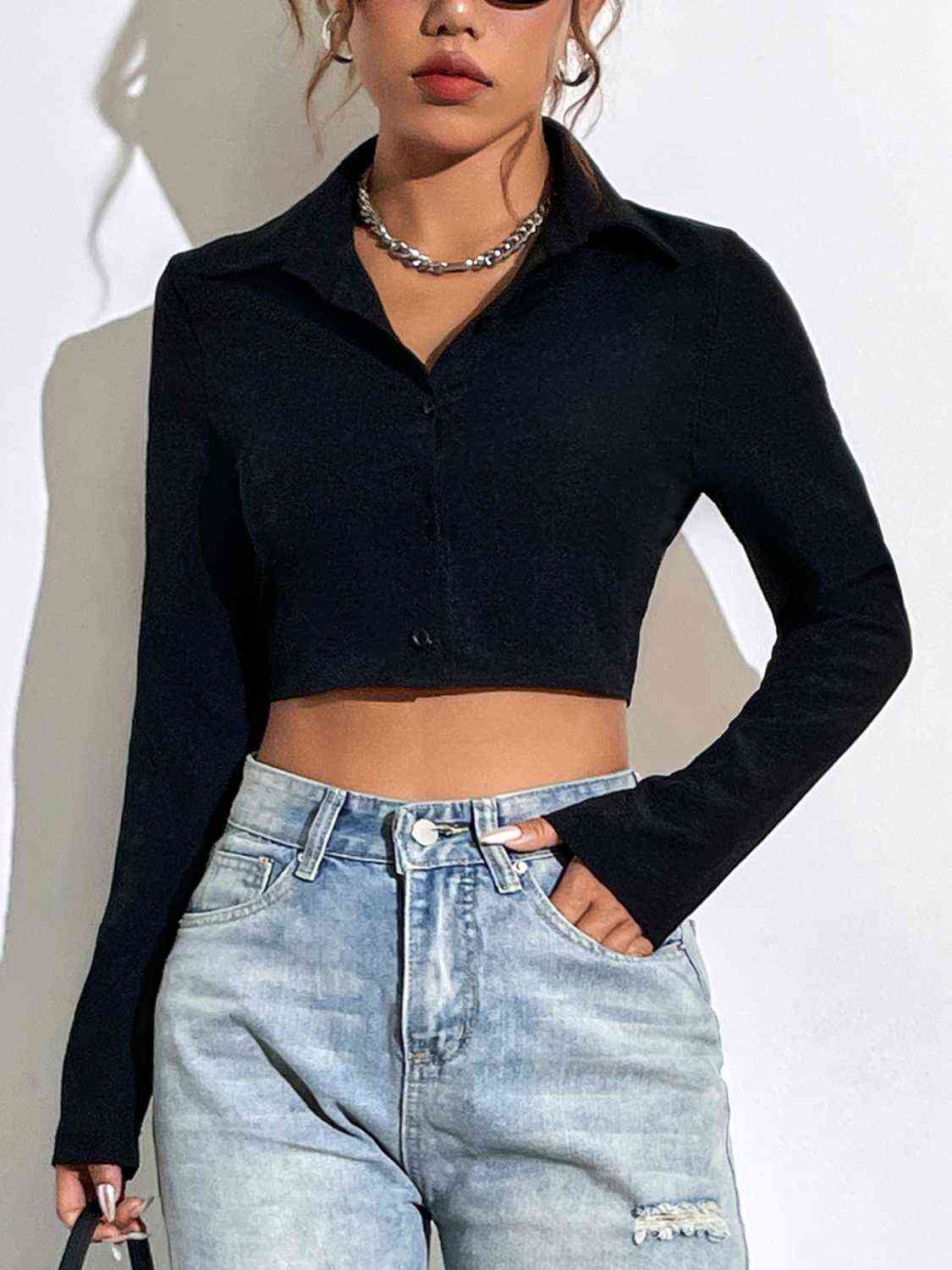 Button Up Collared Neck Long Sleeve Blouse Black clothes crop top crop tops cropped top croptop long sleeve shirts long sleeve top Ship From Overseas shirt shirts top tops Y@X@N@H