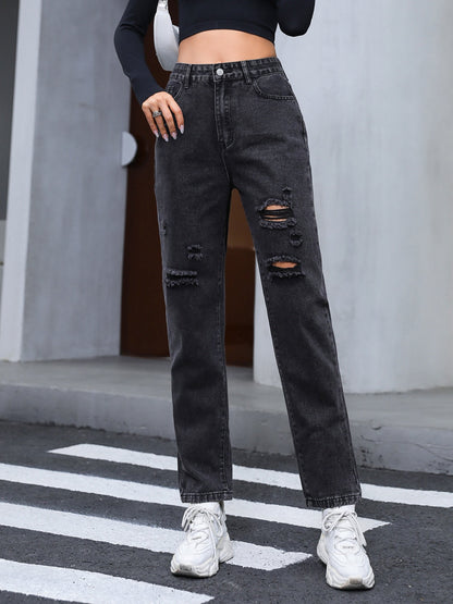 Distressed Straight Leg Jeans Black bottoms clothes Jeans pants Ship From Overseas Women's Bottoms Yh