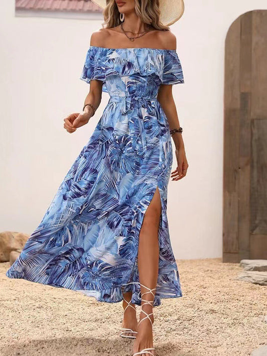 Backless Off Shoulder Slit Boho Maxi Dress