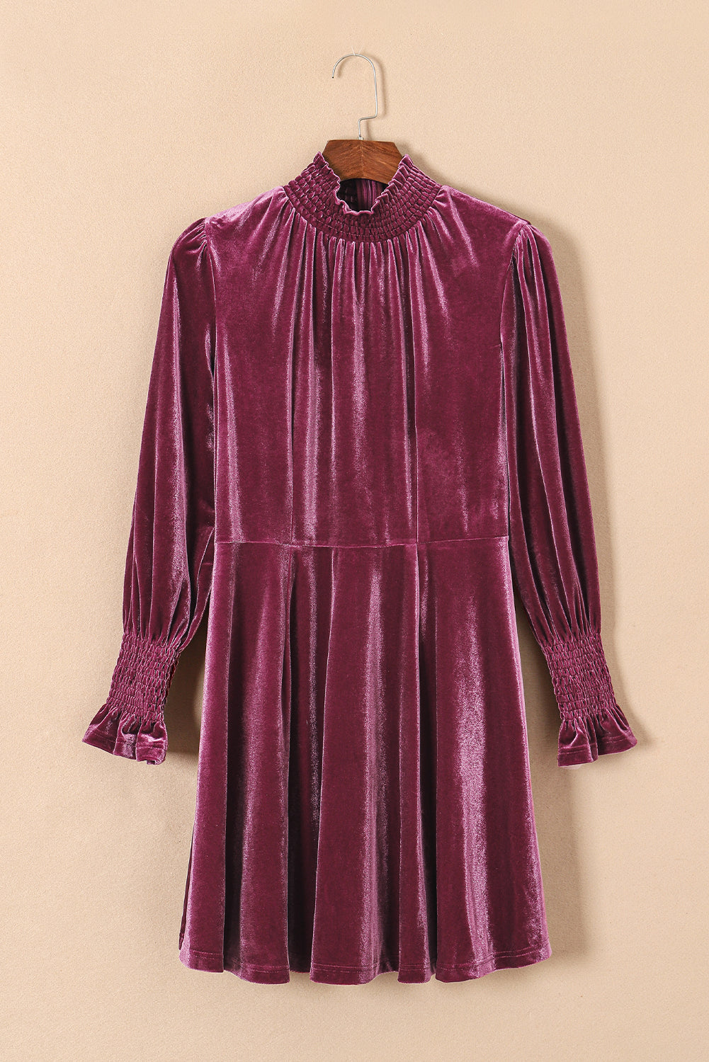 Burgundy Long Sleeve Dress Smocked High Neck Flounce Sleeve Velvet Dress