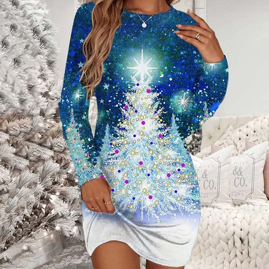 Casual Christmas Print Dress Blue best Best Sellings casual dresses clothes Plus Size Sale short dresses Topseller