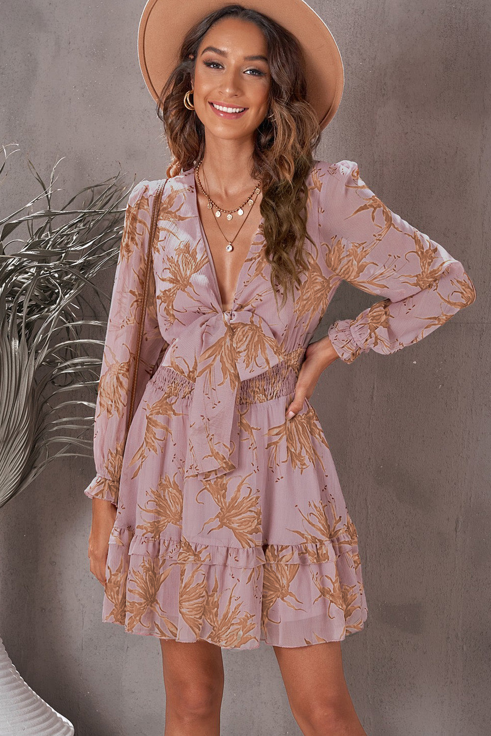 Floral Deep V Flounce Sleeve Mini Dress Light Mauve clothes dress dresses long sleeve dresses Ship From Overseas short dresses SYNZ trend trendy