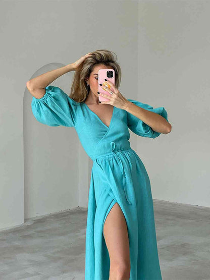 Surplice Balloon Sleeves Slit Short Sleeve Tied Dress