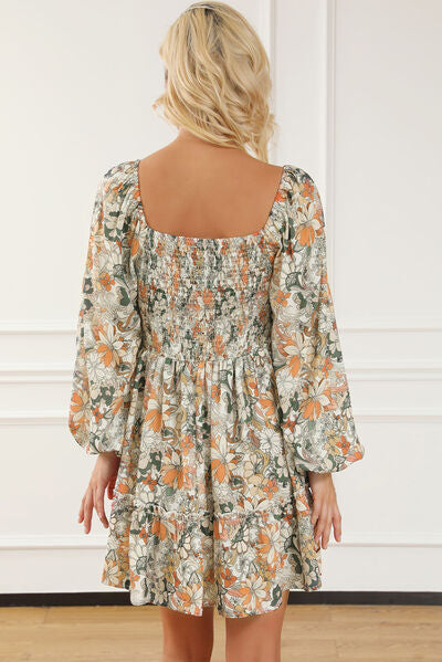 Printed Balloon Sleeve Ruffle Hem Mini Dress Long Sleeve Dress