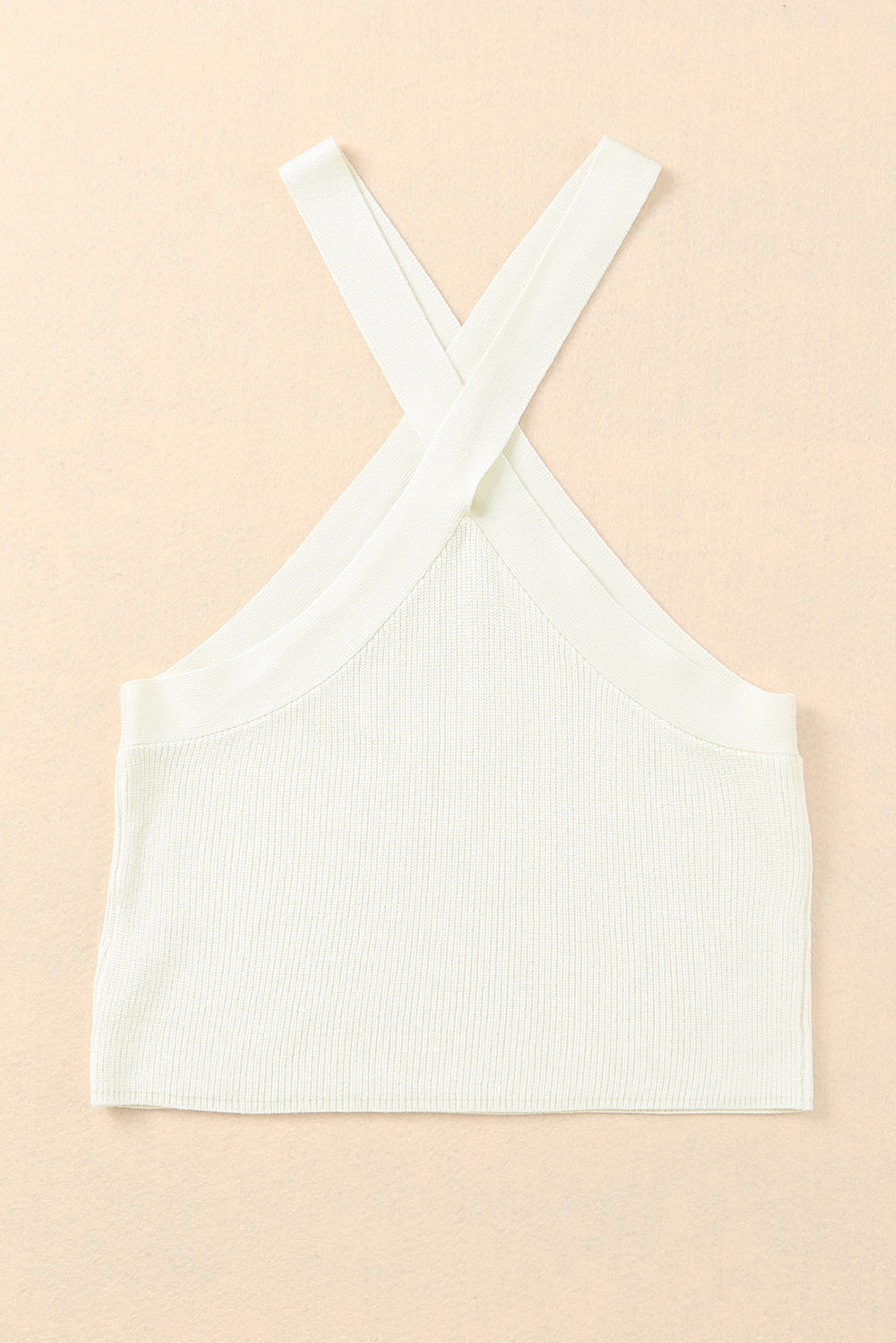 White Ribbed Knit Criss Cross Halter Neck Tank Top