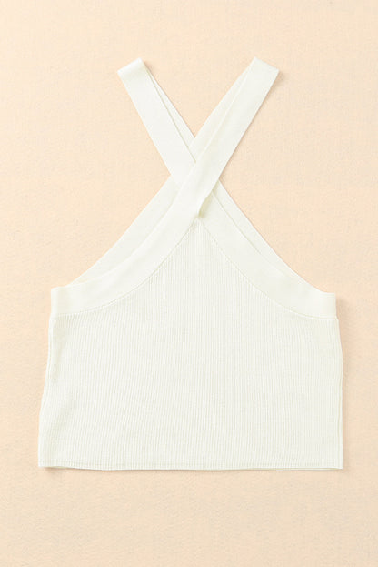 White Ribbed Knit Criss Cross Halter Neck Tank Top