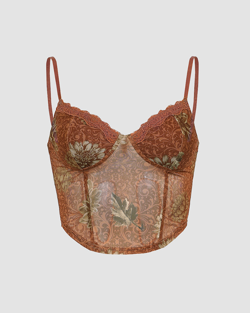 Apricot Leaf Lace Corset Cami Top