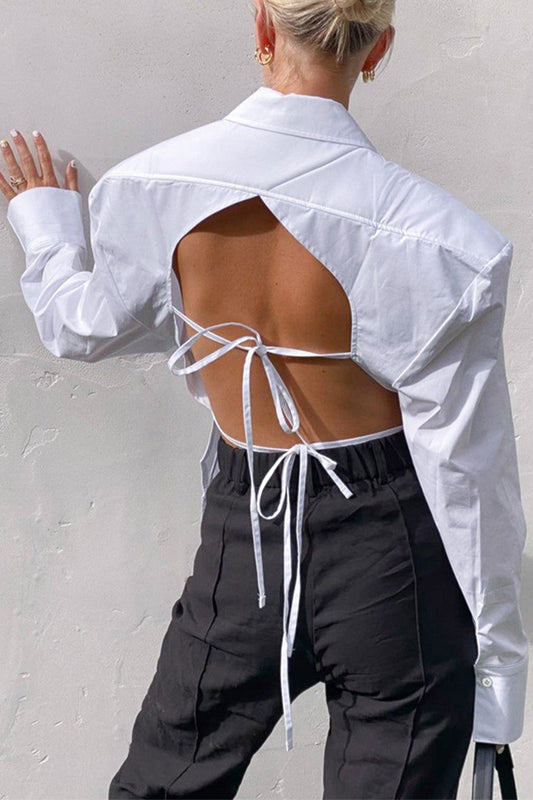 White Backless Lace Up Shoulder Pads Long Sleeve Blouse