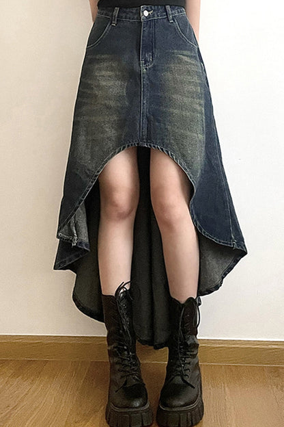 Wash High Rise Distressed Irregular Denim Skirt