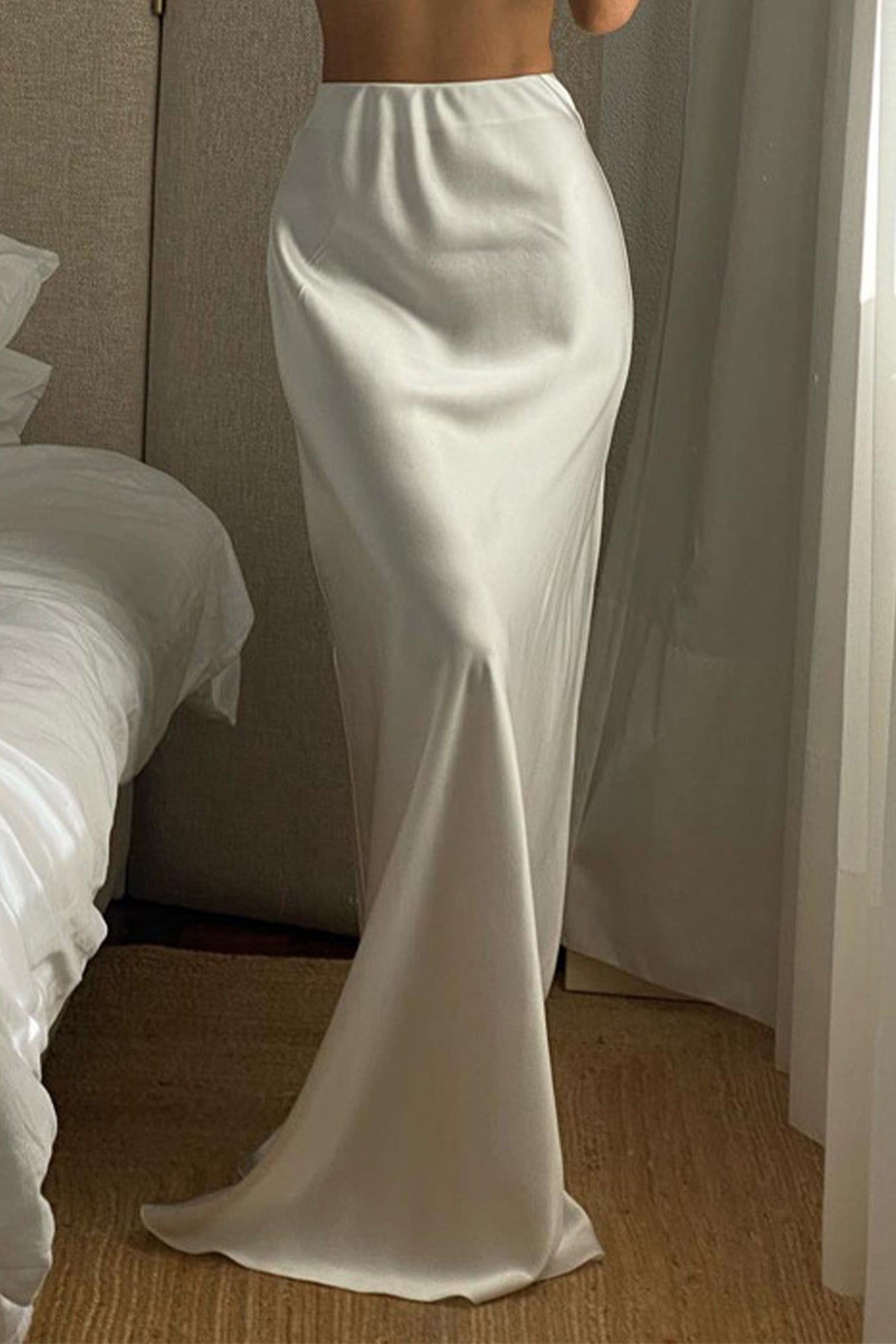 White Side Slit High Waist Maxi Skirt