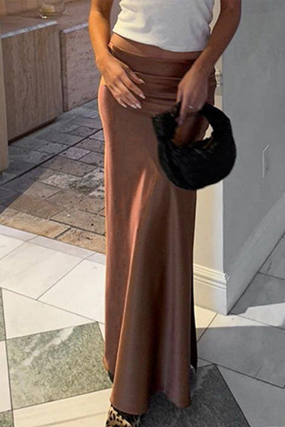 Brown Satin Low-Rise Slit Midi Skirt