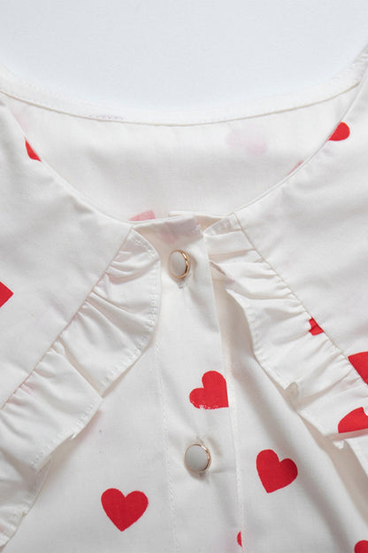 Heart Print Balloon Sleeve Doll Collar Blouse