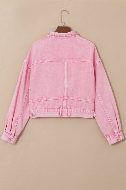 Pink Rivet Studded Pocketed Pink Denim Jacket