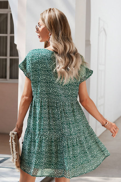 Printed V-Neck Short Sleeve Tiered Casual Dress