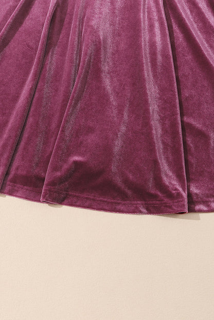 Burgundy Long Sleeve Dress Smocked High Neck Flounce Sleeve Velvet Dress