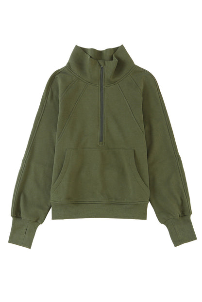 Green Zip Up Stand Collar Ribbed Thumbhole Sleeve Sweatshirt