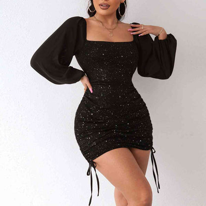 Square Neck Drawstring Ruched Sequin Long Sleeve Short Dress Black clothes D%W dress dresses formal dress formal dresses long sleeve dress long sleeve dresses mini dress sequin dress Ship From Overseas short dresses