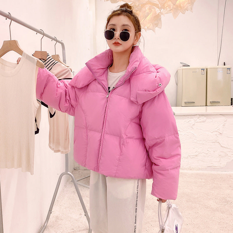 Women's short loose warm hooded down puffy winter coat jacket Pink clothes Jackets & Coats