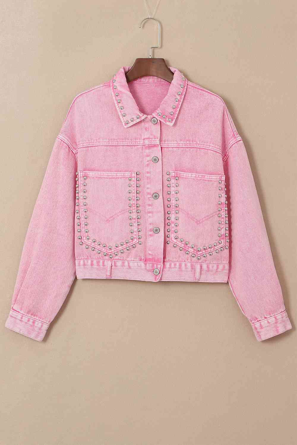 Studded Collared Neck Denim Jacket with Pockets Fuchsia Pink clothes Jackets & Coats Ship From Overseas SYNZ