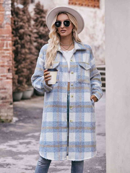 Plaid Dropped Shoulder Slit Coat Misty Blue clothes coat jacket long sleeve Mandy Ship From Overseas