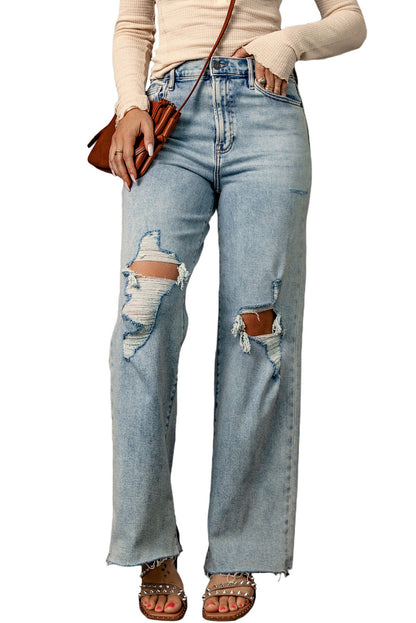 Sky Blue Distressed Frayed Hem Holed Straight Leg Loose Jeans