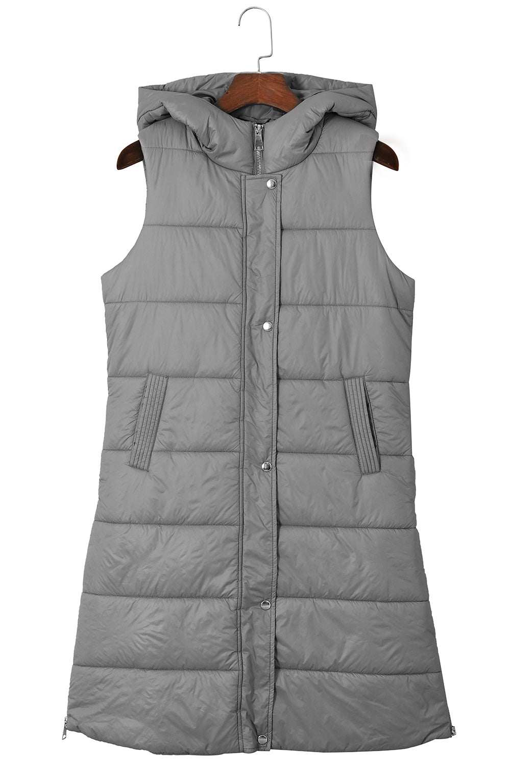 Dark Grey Hooded Long Quilted Vest Coat