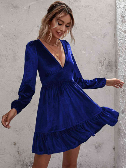 Plunge Long Sleeve Ruffle Hem Velvet Dress Navy casual dress casual dresses clothes dress dresses long sleeve dress long sleeve dresses mini dress Ship From Overseas short dress short dresses Y@Q@S