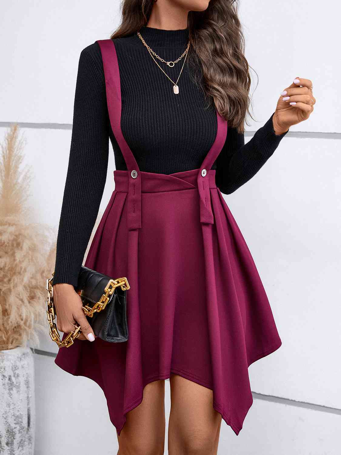 Zip Back Buttoned Overall Skirt Dress Wine Bigh casual dresses clothes dress dresses Ship From Overseas short dresses