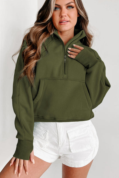 Green Zip Up Stand Collar Ribbed Thumbhole Sleeve Sweatshirt