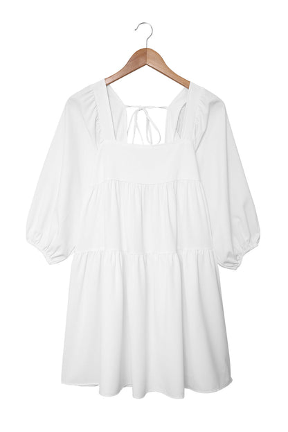 White Square Neck Half Sleeve High Low Mini Dress