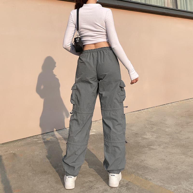 Drawstring solid cargo pocket low rise baggy pant