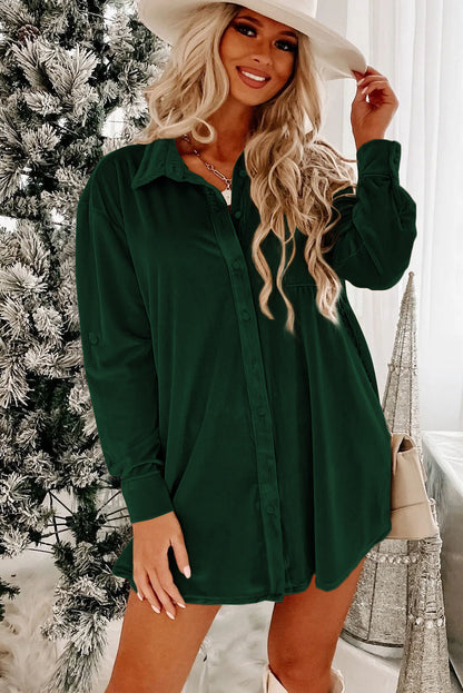 Blackish Green Velvet Button Front Shirt Long Sleeve Casual Mini Dress