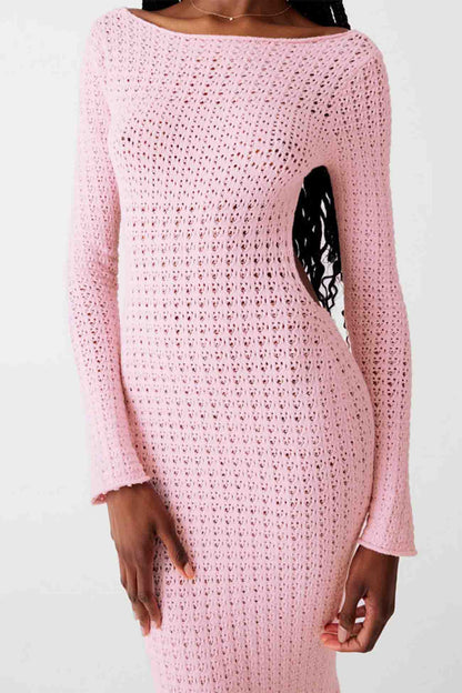 Hollow Out Long Sleeve Backless Knitted Midi Dress