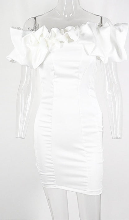 WHITE OFF SHOULDER FRILL MINI BODYCON DRESS