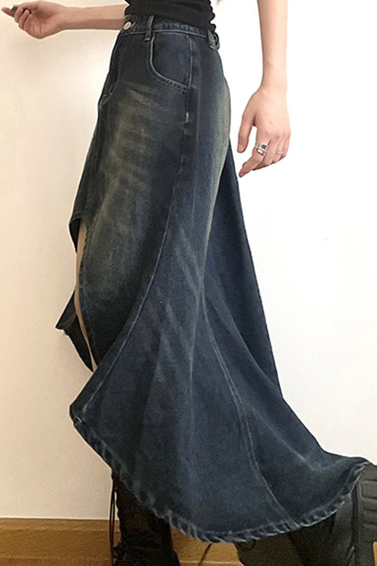 Wash High Rise Distressed Irregular Denim Skirt