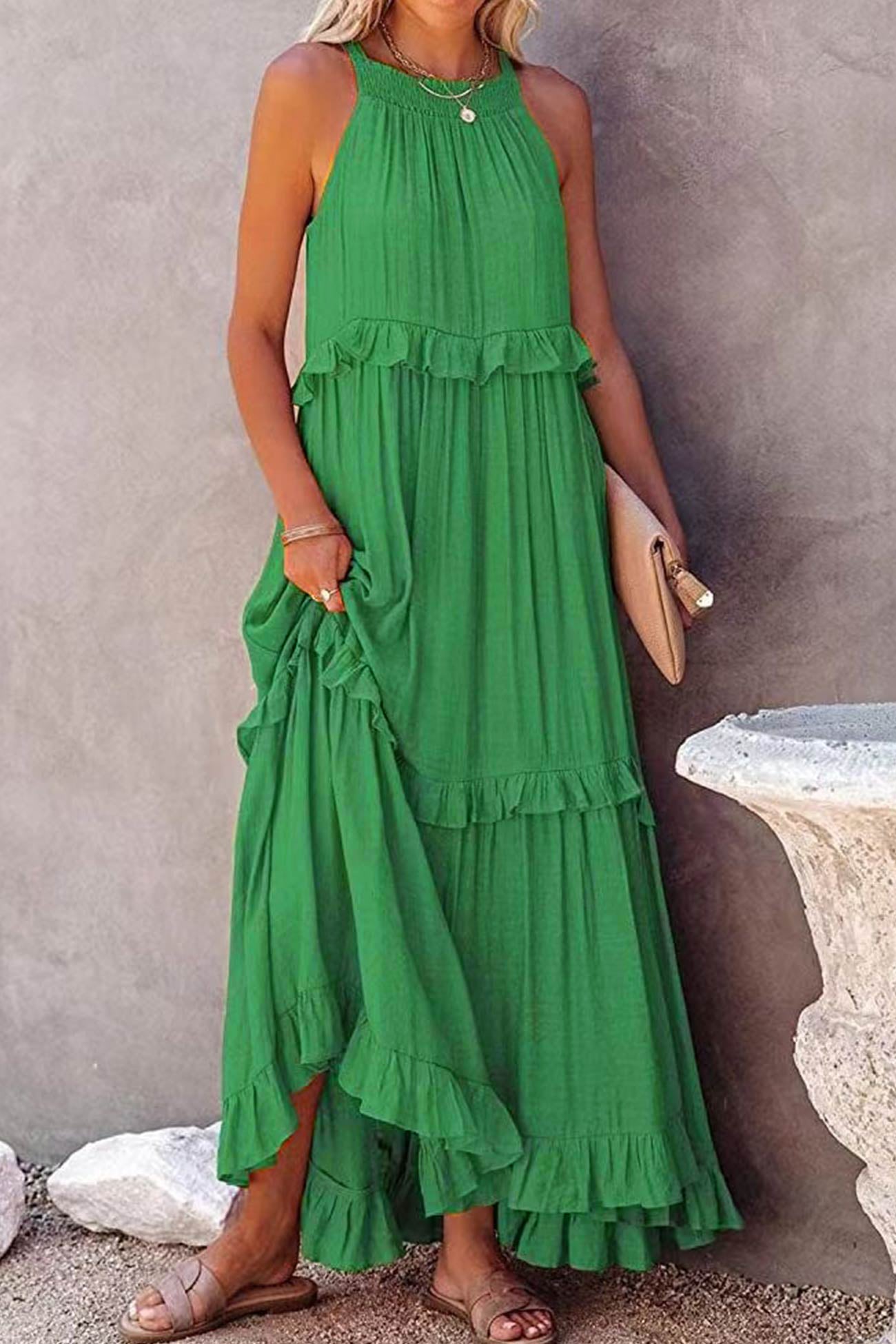 Halter Sleeveless Pleated Tiered Maxi Dress