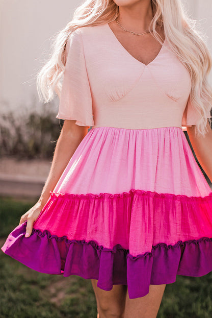 Pink Ombre Colorblock Tiered Dress