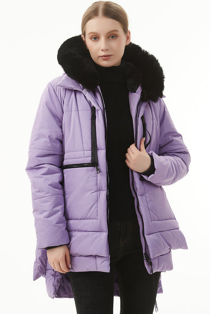 Wisteria Plush Linen Zip Up Hooded Puffer Coat Wisteria 100%Polyester clothes Color Purple Fabric Fleece Jackets & Coats Print Solid Color Season Winter Style Casual