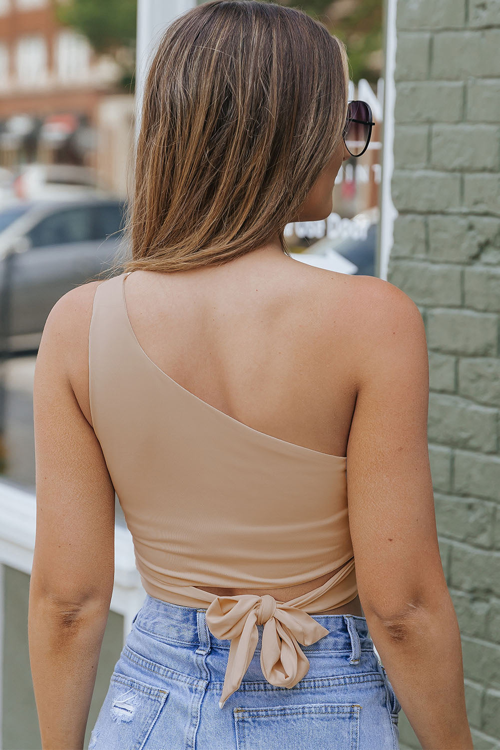 Khaki One Shoulder Side Tie Sleeveless Crop Top