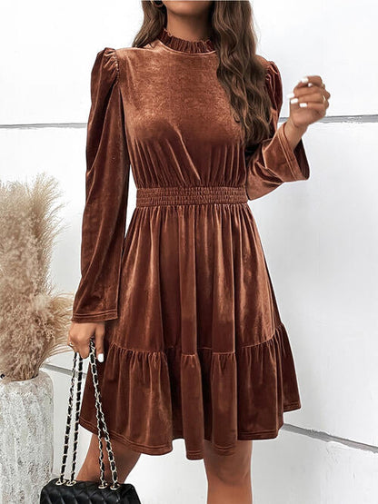 Smocked Long Sleeve Ruffle Hem Casual Short Dress